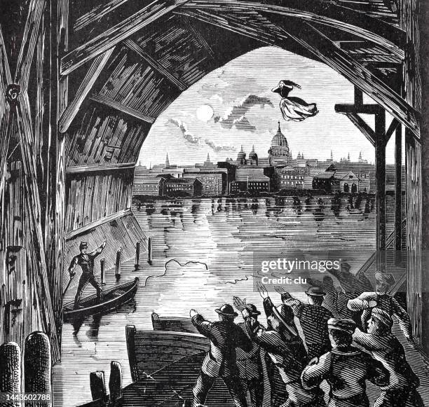 stockillustraties, clipart, cartoons en iconen met a witch flies over london and wants to drive a man in the boat to despair - thames river