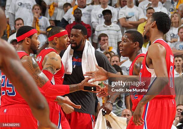 The Los Angeles Clippers celebrate after defeating the Memphis Grizzlies in Game Seven of the Western Conference Quarterfinals during the 2012 NBA...