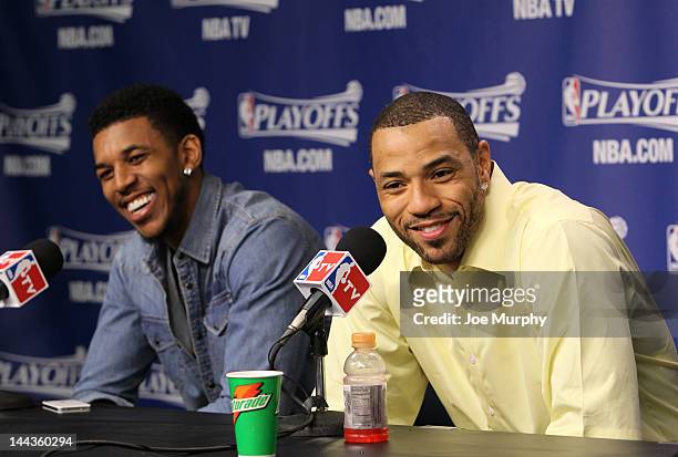 Nick Young and Kenyon Martin of the Los Angeles Clippers speak to the media after their team defeated the Memphis Grizzlies in Game Seven of the...