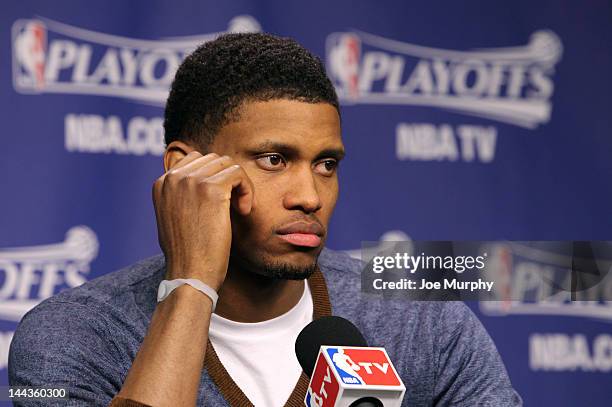 Rudy Gay of the Memphis Grizzlies speaks to the media after the Memphis Grizzlies lost to the Los Angeles Clippers in Game Seven of the Western...