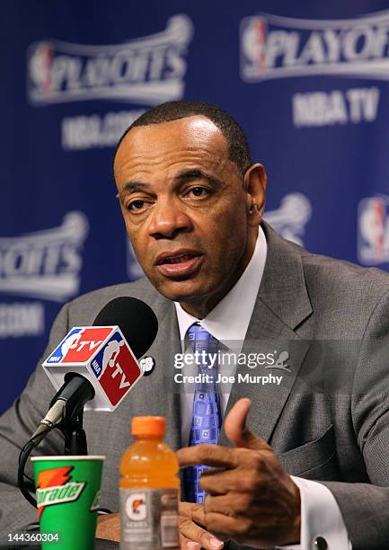 Lionel Hollins, Head Coach of the Memphis Grizzlies speaks to the media after the Memphis Grizzlies lost to the Los Angeles Clippers in Game Seven of...