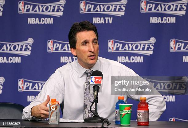 Vinny Del Negro , Head Coach of the Los Angeles Clippers speaks to the media after the Los Angeles Clippers defeated the Memphis Grizzlies in Game...