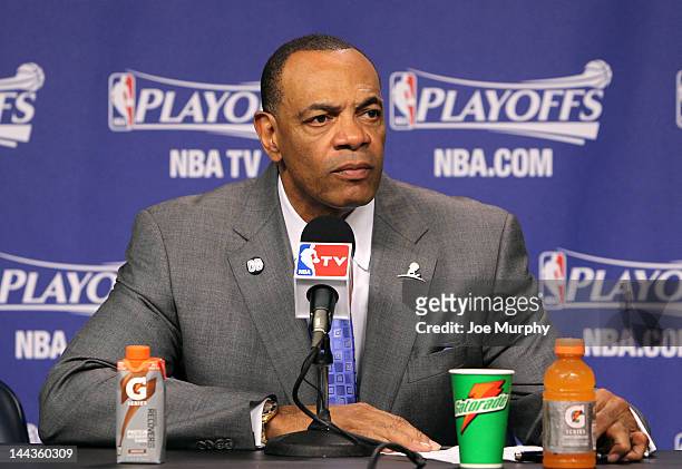 Lionel Hollins, Head Coach of the Memphis Grizzlies speaks to the media after the Memphis Grizzlies lost to the Los Angeles Clippers in Game Seven of...