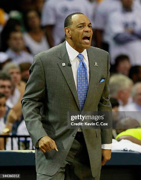 Lionel Hollins of the Memphis Grizzlies yells to his team against the Los Angeles Clippers in Game Seven of the Western Conference Quarterfinals in...