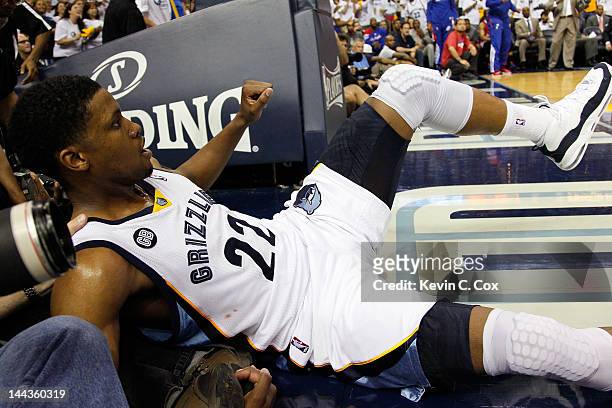 Rudy Gay of the Memphis Grizzlies falls into the tv camera after being fouled by the Los Angeles Clippers in Game Seven of the Western Conference...