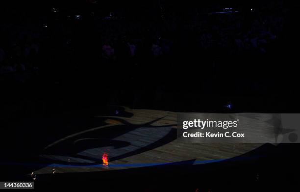 An image of the Memphis Grizzlies mascot is shown on the floor proir to Game Seven of the Western Conference Quarterfinals in the 2012 NBA Playoffs...