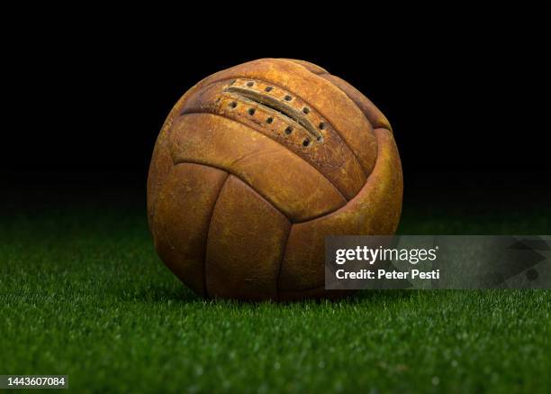 Detailed view of the the official match ball of the 1938 FIFA World Cup in France called Allen. The Allen ball had 13 panel leather ball with cotton...