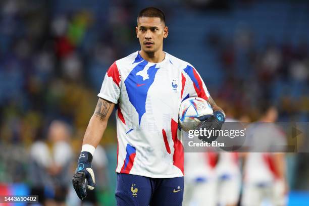 Alphonse Areola of France is seen during the warm up prior to the FIFA World Cup Qatar 2022 Group D match between France and Australia at Al Janoub...