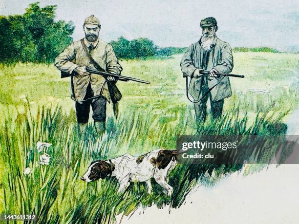 two hunters and a dog in the meadow - hunting stock illustrations