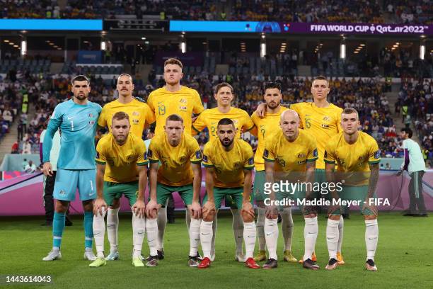 Australia players line up for a team photo prior to the FIFA World Cup Qatar 2022 Group D match between France and Australia at Al Janoub Stadium on...