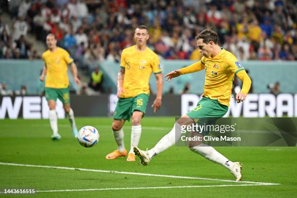 Craig Goodwin of Australia scores their team's first goal during the FIFA World Cup Qatar 2022 Group D match between France and Australia at Al...