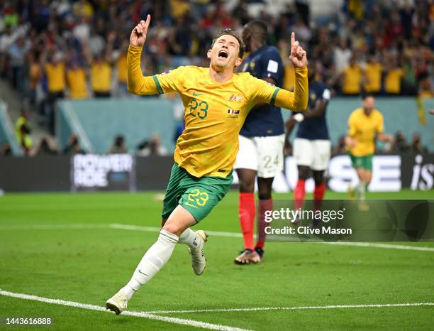 Craig Goodwin of Australia celebrates scoring his side's first goal during the FIFA World Cup Qatar 2022 Group D match between France and Australia...