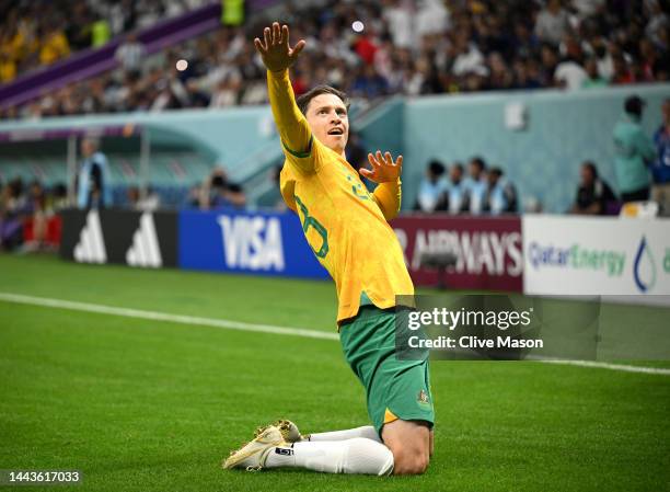 Craig Goodwin of Australia celebrates scoring his side's first goal during the FIFA World Cup Qatar 2022 Group D match between France and Australia...