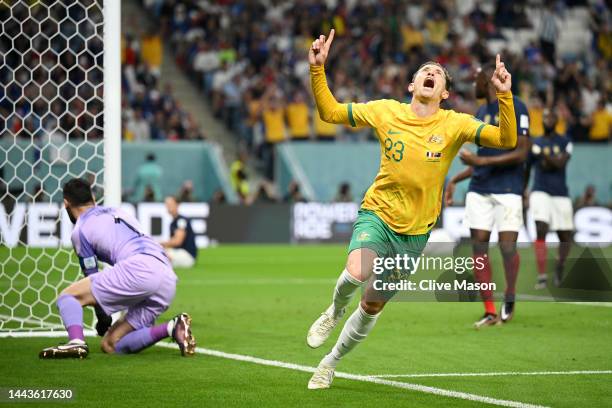 Craig Goodwin of Australia celebrates scoring his side's first goal during the FIFA World Cup Qatar 2022 Group D match between France and Australia...