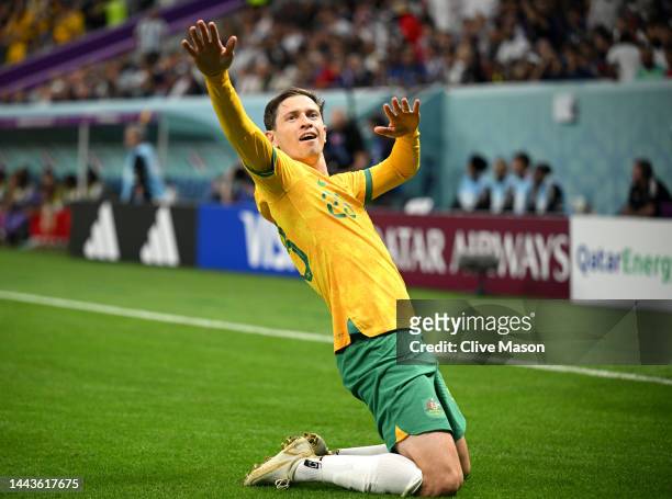 Craig Goodwin of Australia celebrates scoring his side's first goal during the FIFA World Cup Qatar 2022 Group D match between France and Australia...
