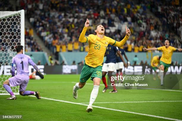 Craig Goodwin of Australia celebrates scoring his side's first goal during the FIFA World Cup Qatar 2022 Group D match between France and Australia...