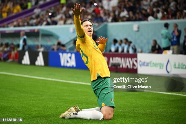 Craig Goodwin of Australia celebrates scoring his side's first goal during the FIFA World Cup Qatar 2022 Group D match between France and Australia...