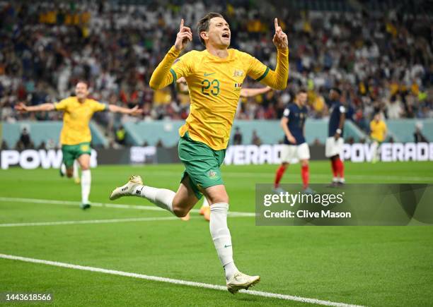 Craig Goodwin of Australia celebrates scoring his side's first goal during the FIFA World Cup Qatar 2022 Group D match between France and Australia...