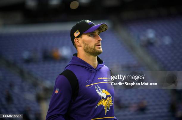 Kirk Cousins of the Minnesota Vikings warms up before the game against the Dallas Cowboys at U.S. Bank Stadium on November 20, 2022 in Minneapolis,...