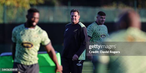 Rassie Erasmus, the South Africa director of rugby, looks on during the South Africa Springboks training session held at The Lensbury on November 22,...