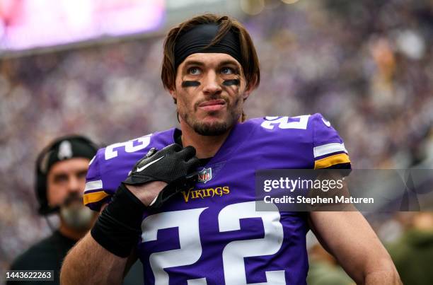 Harrison Smith of the Minnesota Vikings walks along the sideline in the first quarter of the game against the Dallas Cowboys at U.S. Bank Stadium on...