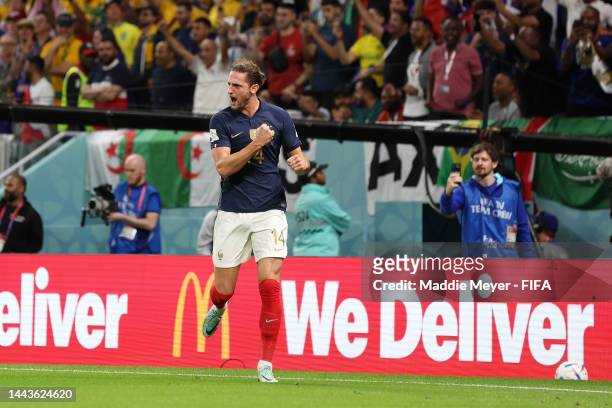 Adrien Rabiot of France celebrates after scoring their team's first goal during the FIFA World Cup Qatar 2022 Group D match between France and...