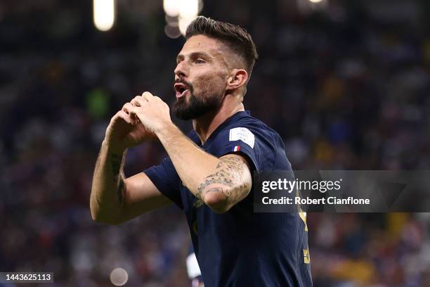 Olivier Giroud of France celebrates scoring their team's second goal during the FIFA World Cup Qatar 2022 Group D match between France and Australia...