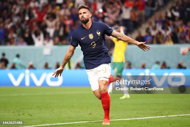 Olivier Giroud of France celebrates scoring his side's second goal during the FIFA World Cup Qatar 2022 Group D match between France and Australia at...