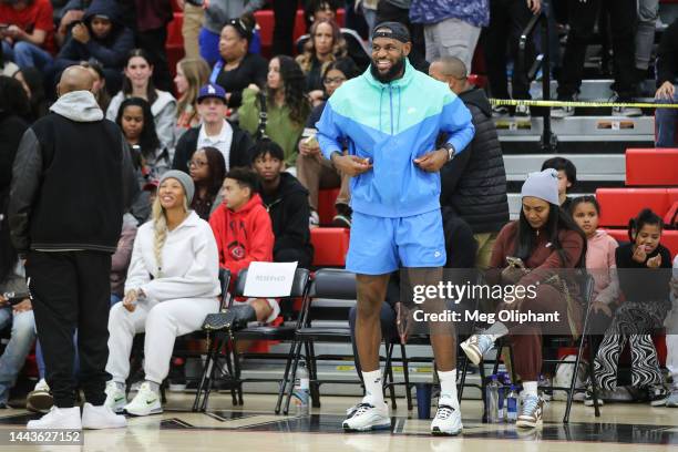 LeBron James of the Los Angeles Lakers attends the game between the Cleveland Cavaliers and the Sierra Canyon Trailblazers at Cleveland High School...