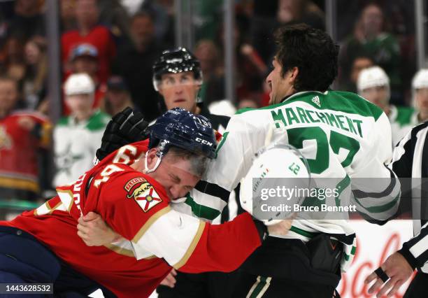 Matthew Tkachuk of the Florida Panthers and Mason Marchment of the Dallas Stars fight at FLA Live Arena on November 17, 2022 in Sunrise, Florida.