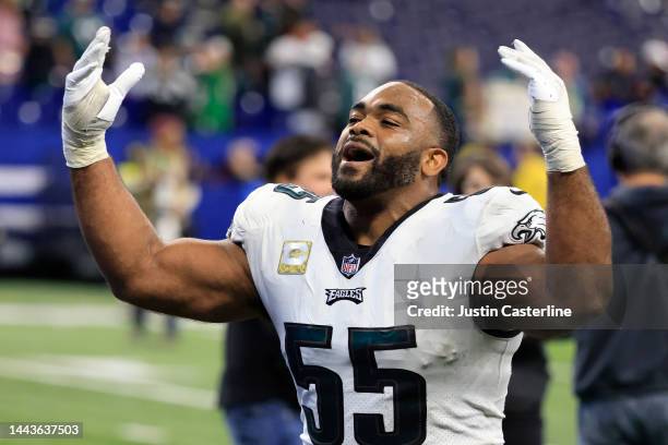 Brandon Graham of the Philadelphia Eagles walks off the field after a win over the Indianapolis Colts at Lucas Oil Stadium on November 20, 2022 in...