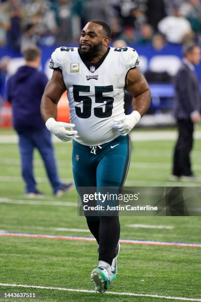 Brandon Graham of the Philadelphia Eagles walks off the field after a win over the Indianapolis Colts at Lucas Oil Stadium on November 20, 2022 in...