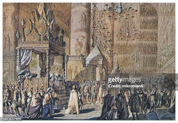 old engraved illustration of catherine the great coronation, kremlin, moscow, russia - catherine the great of russia imagens e fotografias de stock