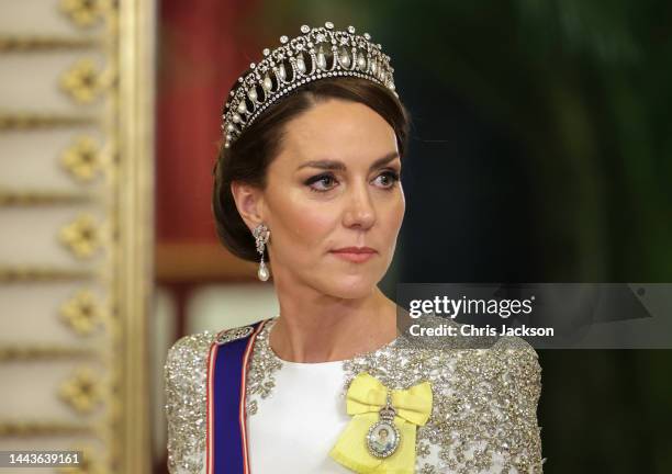 Catherine, Princess of Wales during the State Banquet at Buckingham Palace on November 22, 2022 in London, England. This is the first state visit...