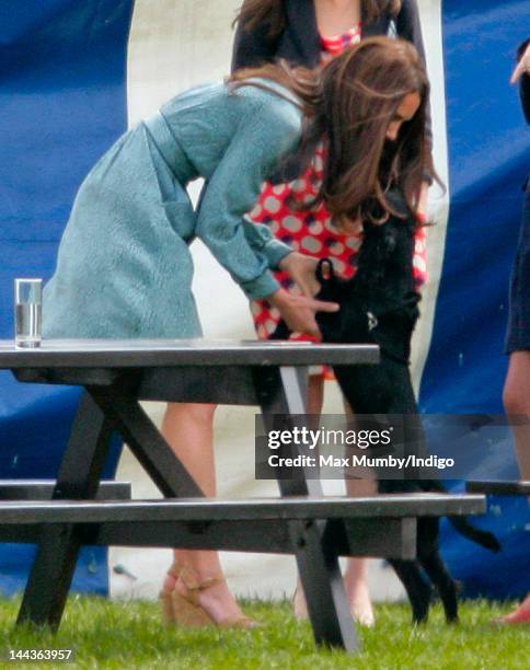 Catherine, Duchess of Cambridge plays with her dog Lupo as she attends the Audi Polo Challenge charity polo match, in which Prince William, Duke of...