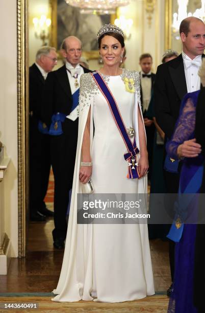 Catherine, Princess of Wales during the State Banquet at Buckingham Palace on November 22, 2022 in London, England. This is the first state visit...