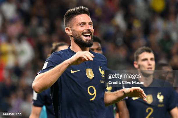 Olivier Giroud of France celebrates after scoring their team's fourth goal during the FIFA World Cup Qatar 2022 Group D match between France and...