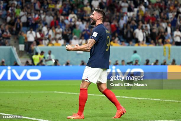 Olivier Giroud of France celebrates after scoring their team's fourth goal during the FIFA World Cup Qatar 2022 Group D match between France and...