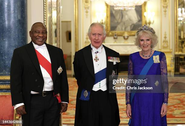 President of South Africa, Cyril Ramaphosa, King Charles III and Camilla, Queen Consort during the State Banquet at Buckingham Palace on November 22,...