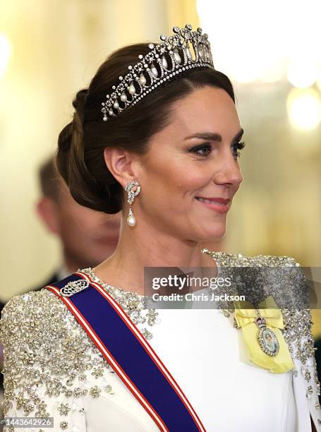 Catherine, Princess of Wales during the State Banquet at Buckingham Palace on November 22, 2022 in London, England. This is the first state visit...