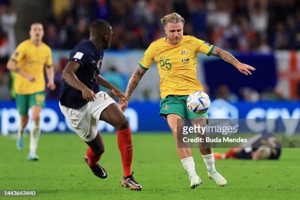 Jason Cummings of Australia in action during the FIFA World Cup Qatar 2022 Group D match between France and Australia at Al Janoub Stadium on...