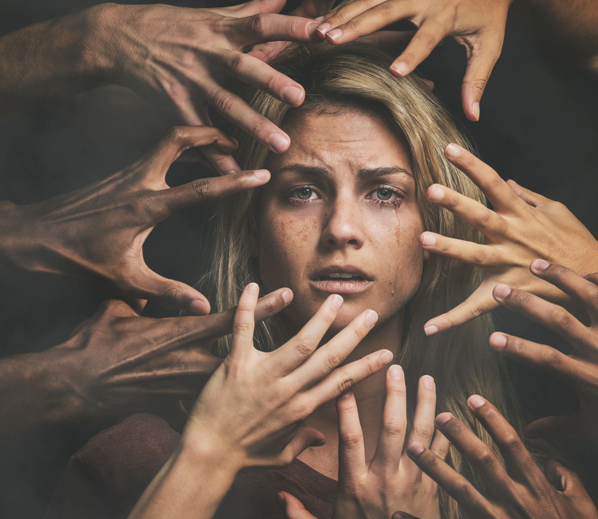 Hands, fear and sad woman with abuse, violence and crying with mental health, scared and anxiety. Portrait of woman with pain, rape and depression of toxic relationship, social conflict and depressed Hands, fear and sad woman with abuse, violence and crying with mental health, scared and anxiety. Portrait of woman with pain, rape and depression of toxic relationship, social conflict and depressed