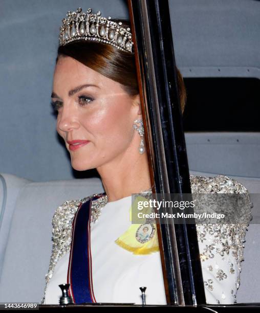 Catherine, Princess of Wales arrives at Buckingham Palace to attend a Sate Banquet for President Cyril Ramaphosa on day 1 of his State Visit to the...