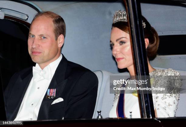 Prince William, Prince of Wales and Catherine, Princess of Wales arrive at Buckingham Palace to attend a Sate Banquet for President Cyril Ramaphosa...