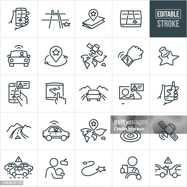 navigation thin line icons - editable stroke - icons include gps, navigation, gps navigation, satellite, directions, car, vehicle, technology, tracking, global positioning system, map, map marker, navigation system - spy satellite stock illustrations