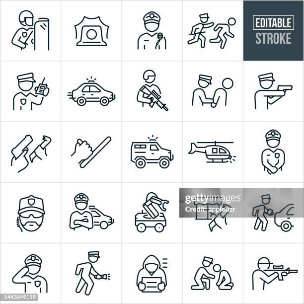 stockillustraties, clipart, cartoons en iconen met law enforcement thin line icons - editable stroke - icons include law enforcement, police officer, criminal justice, law, crime, criminal, military, public safety, emergency services, security officer, security, protect - police in riot gear