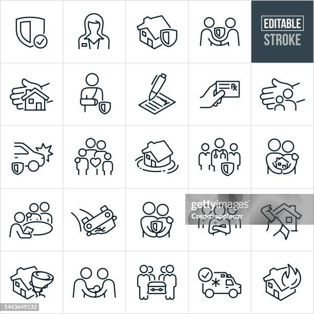 ilustraciones, imágenes clip art, dibujos animados e iconos de stock de iconos de línea fina de seguros - trazo editable - los iconos incluyen seguro, seguro de automóvil, seguro de automóvil, seguro de propietarios, seguro de vida, seguro de atención médica, seguro médico, agente de seguros, cliente - funeral