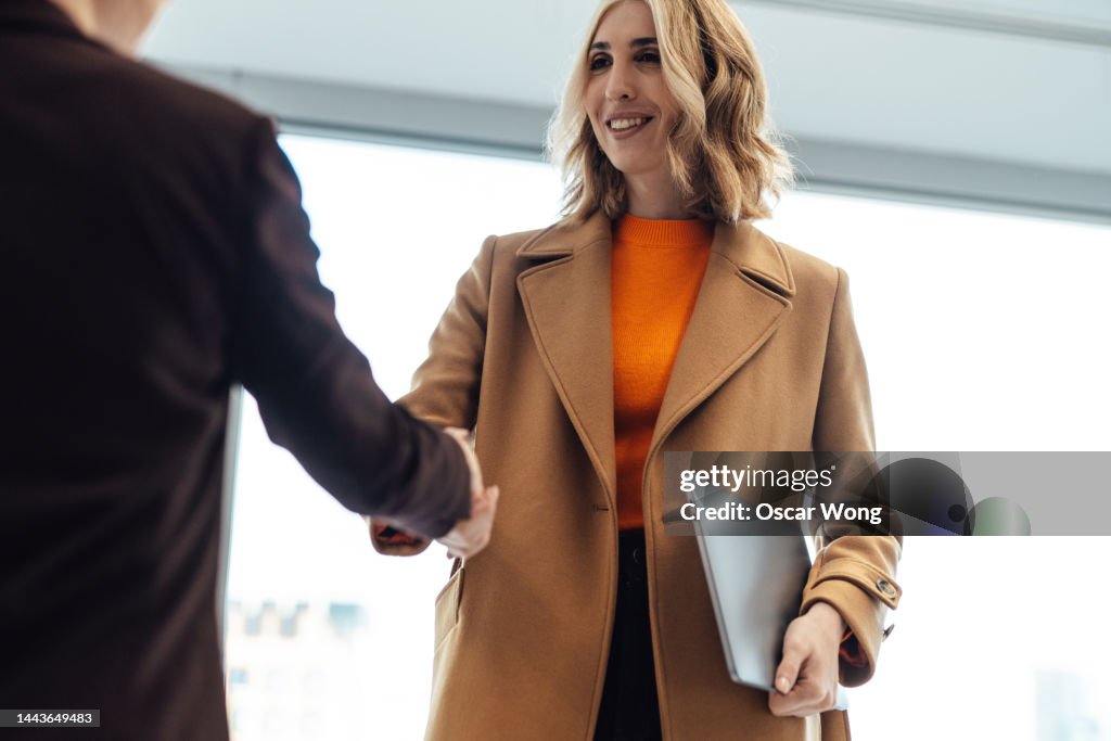 Two businesswomen making business deal with handshake
