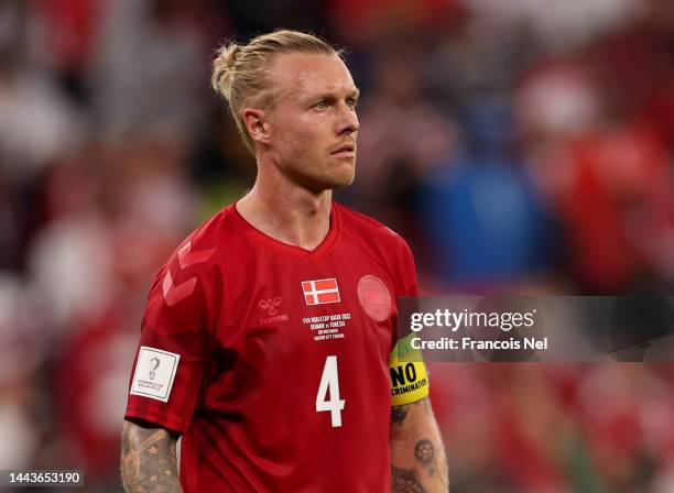 Simon Kjaer of Denmark looks on during the FIFA World Cup Qatar 2022 Group D match between Denmark and Tunisia at Education City Stadium on November...