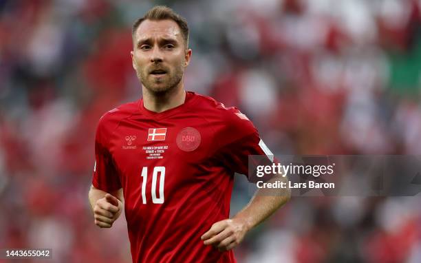 Christian Eriksen of Denmark looks on during the FIFA World Cup Qatar 2022 Group D match between Denmark and Tunisia at Education City Stadium on...